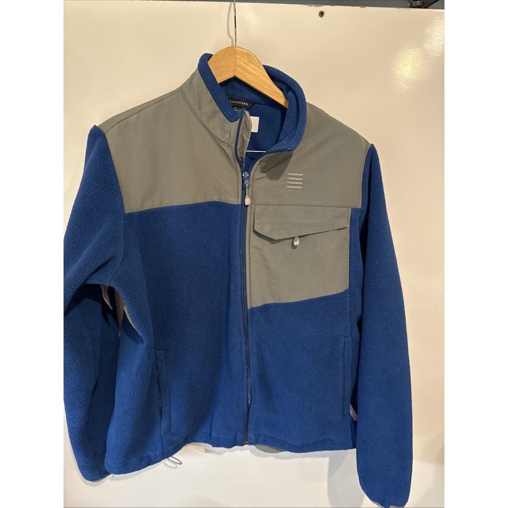 Lands End Fleece Jacket Mens L Nylon Blocking Patches Vented Armholes Blue